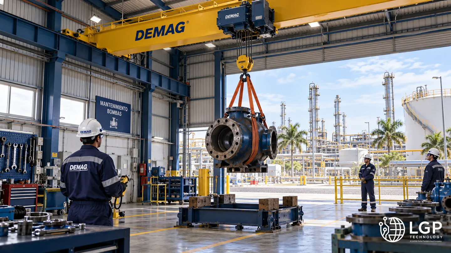 Grúa Demag elevando un componente industrial