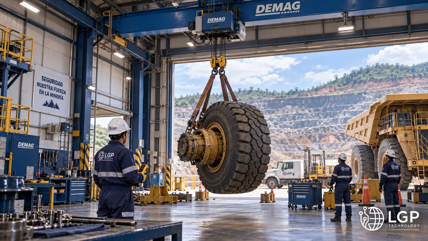 Grúa Demag elevando un componente de equipo minero
