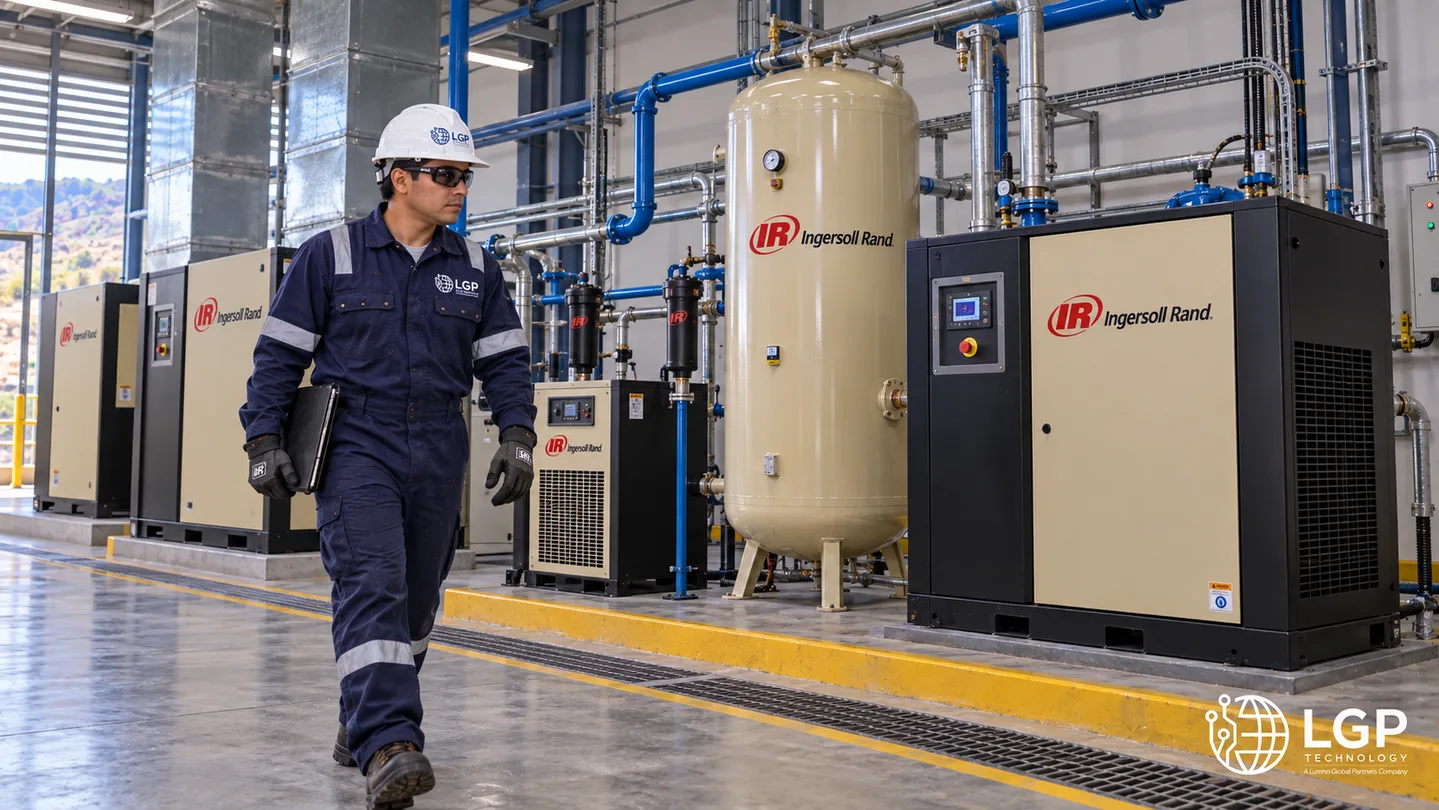 Sistema industrial Ingersoll Rand con equipos de compresión y recipientes de proceso