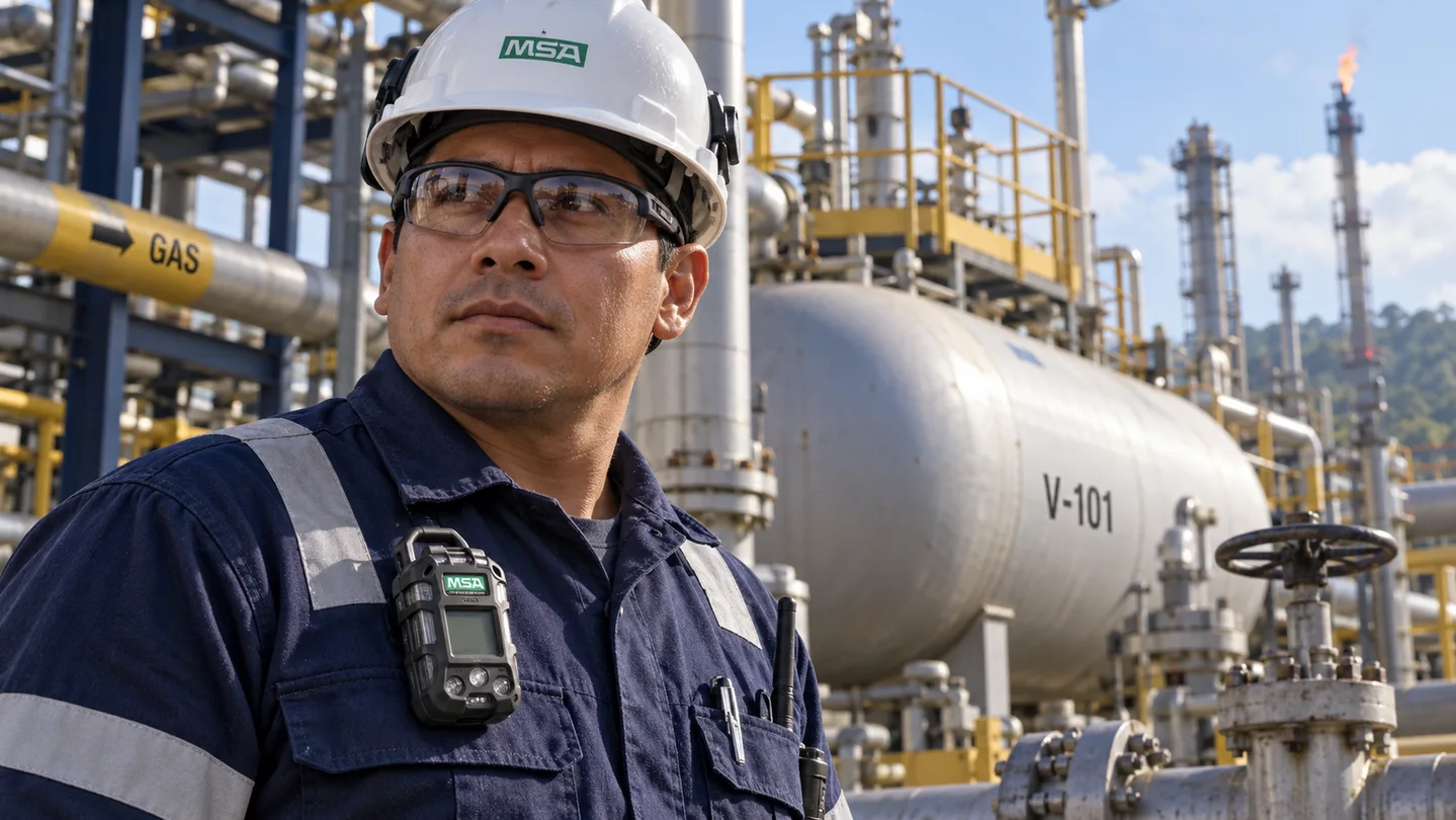 Trabajador con casco y equipo MSA en una instalación de petróleo y gas
