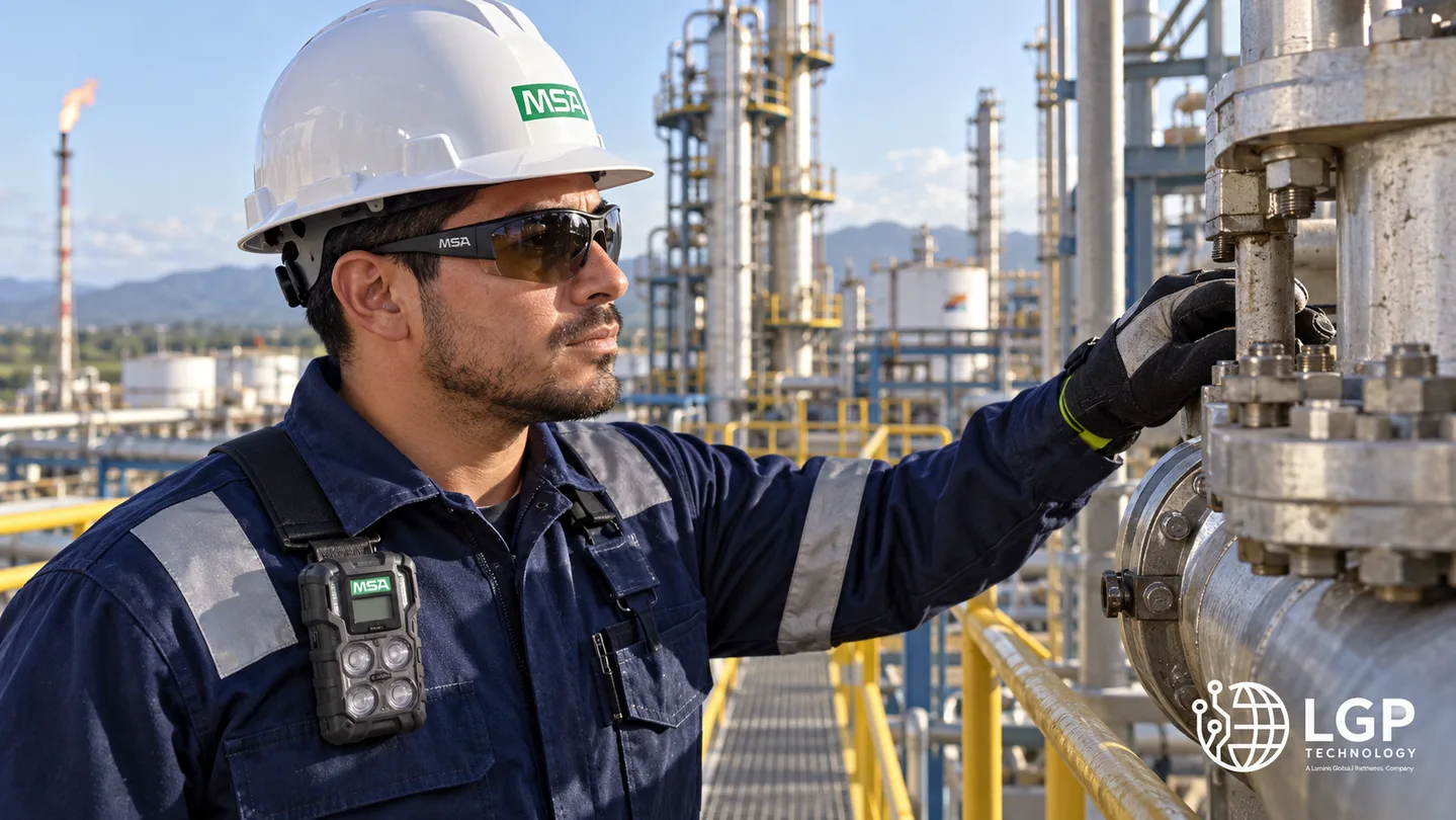 Trabajador con equipo de protección MSA revisando una válvula