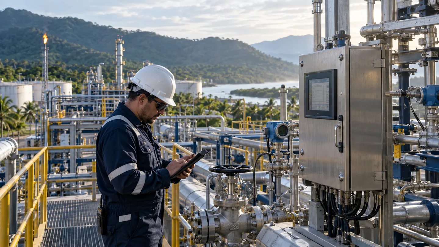 Operador revisando instrumentación en una instalación de petróleo y gas